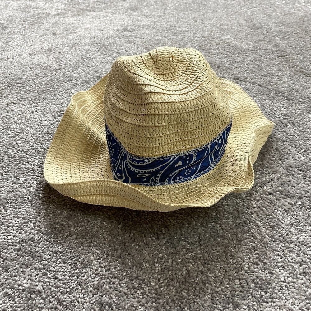 Unbranded Sun Hat Womens One Size Yellow Paper Straw Wide Brim Blue Paisley Band